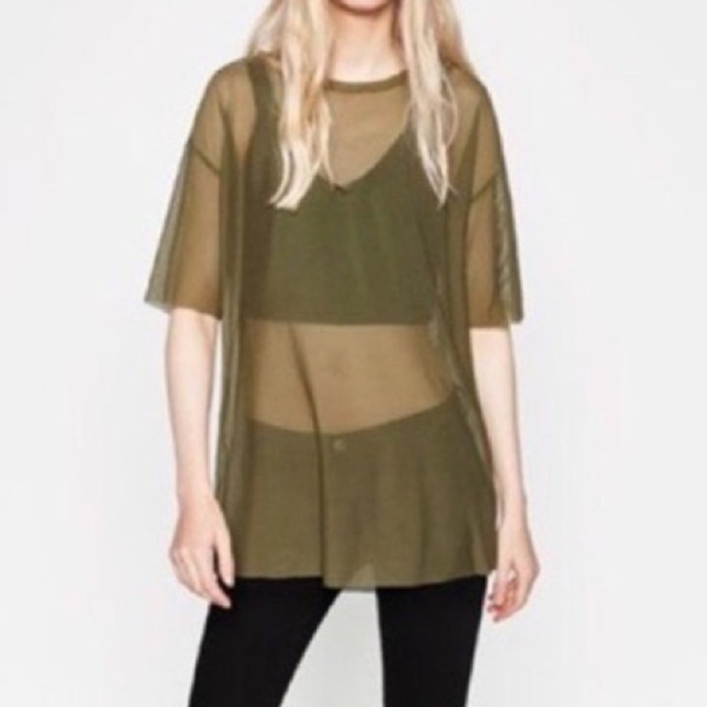 Zara oversized mesh t-shirt in olive green